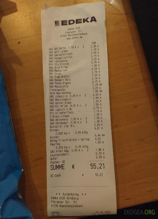 Reçu de paiement du supermarché Edeka